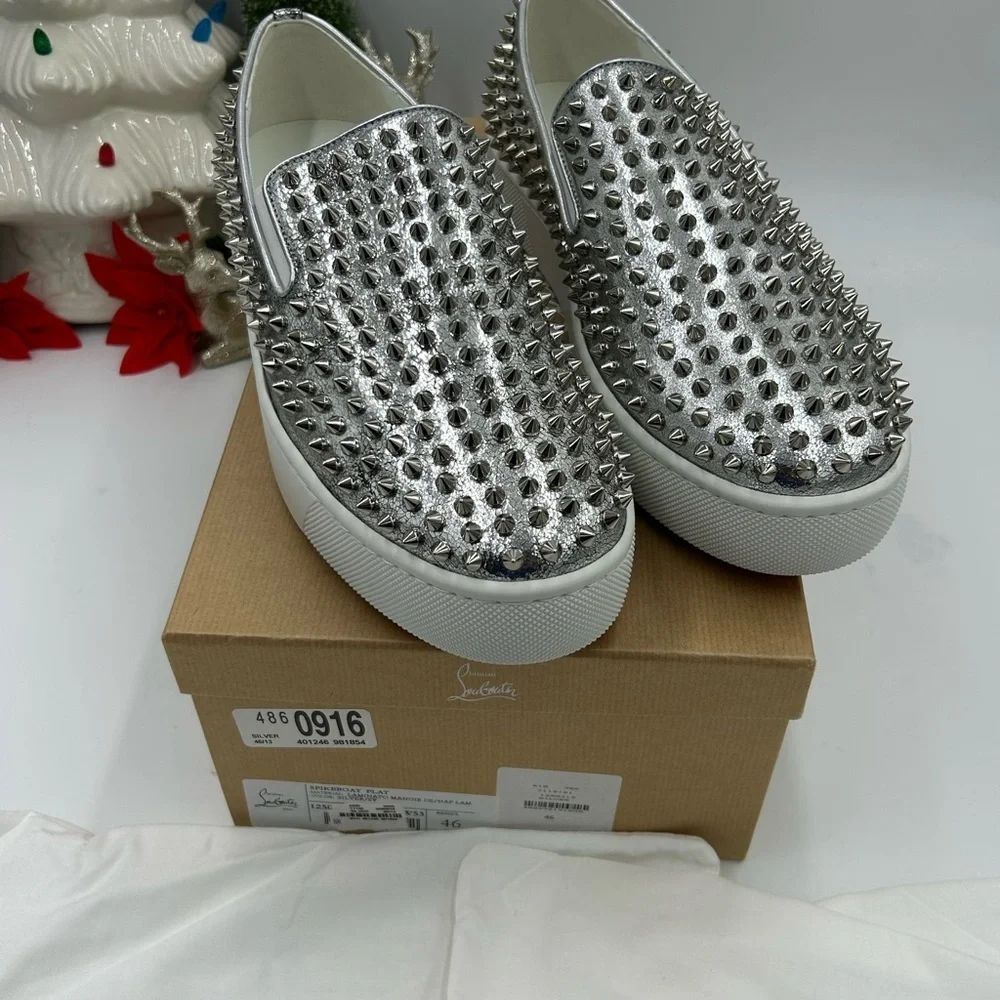 Men's Christian Louboutin roller boat, metallic silver spiked sneakers size 46